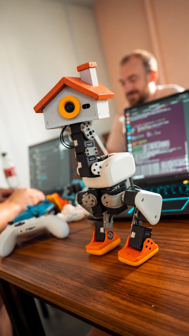 A house-headed NANOPONS robot standing on a desk in front of a laptop full of code