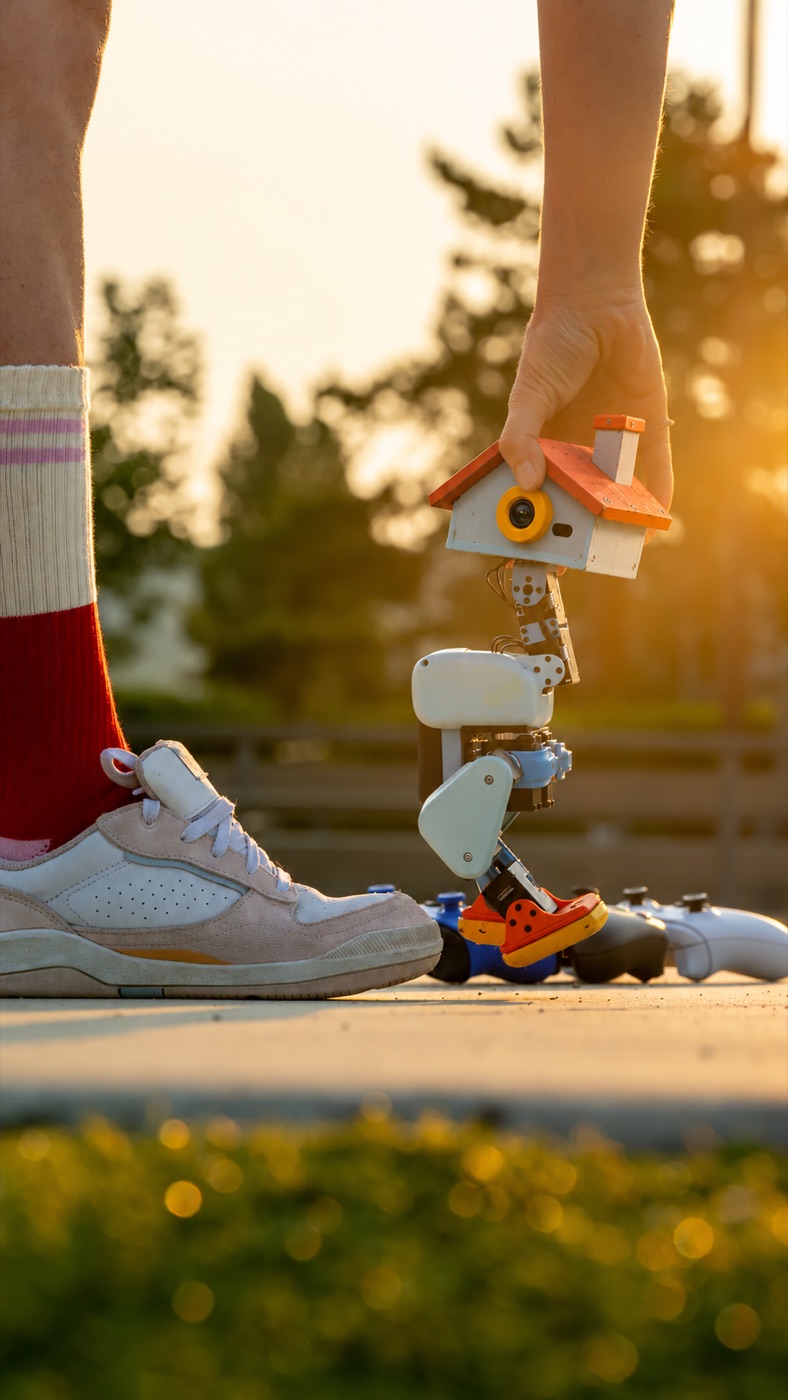 A hand lifting a NANOPONS robot by its roof at golden hour