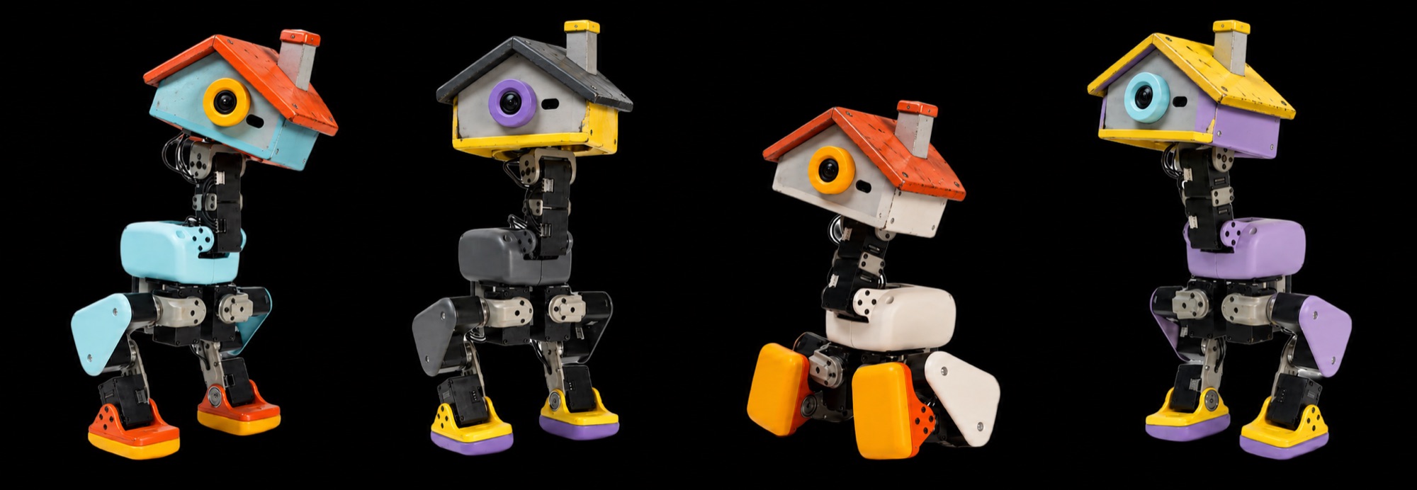Four NANOPONS robots in different colourways, side by side on black